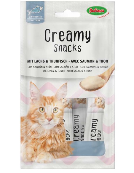 Snack cremoso de salmón y atún para gato